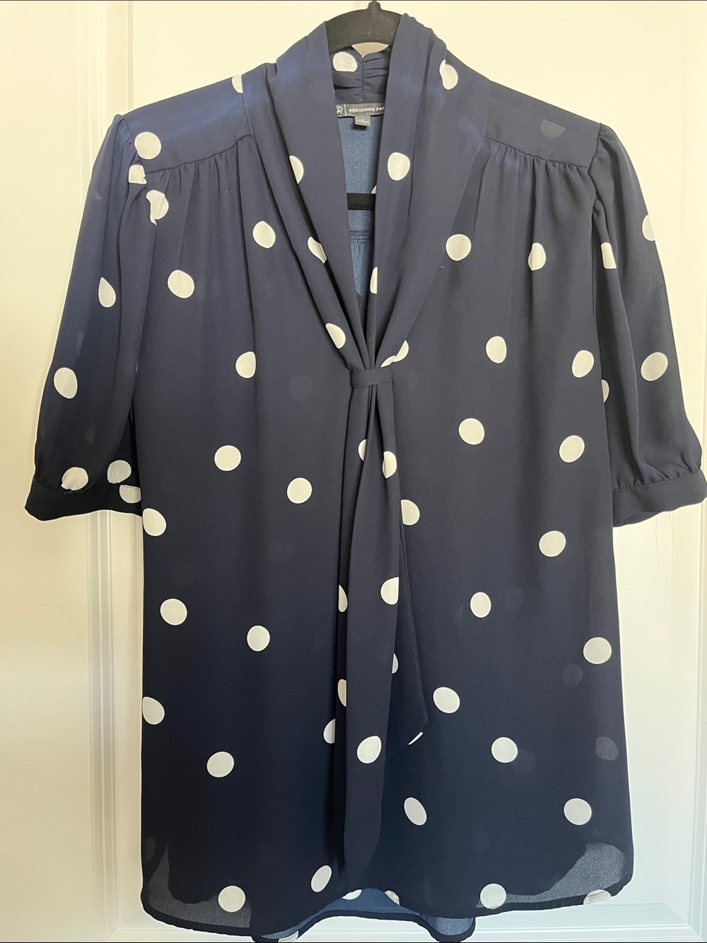 Adrianna Papell Navy and White Polka Dot Tie-Neck Blouse - Picture 7 of 7
